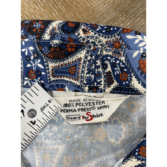VTG 1970s Sears Disco Paisley Shirt Large 20 Women Polyester Perma Prest Blue - Picture 8 of 10